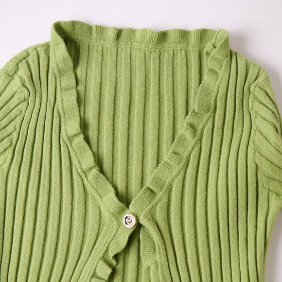 Y2K Women Ribbed Cardigan Sweater Green Knit Ruffle Cottage Coquette Soft Retro - Picture 6 of 7